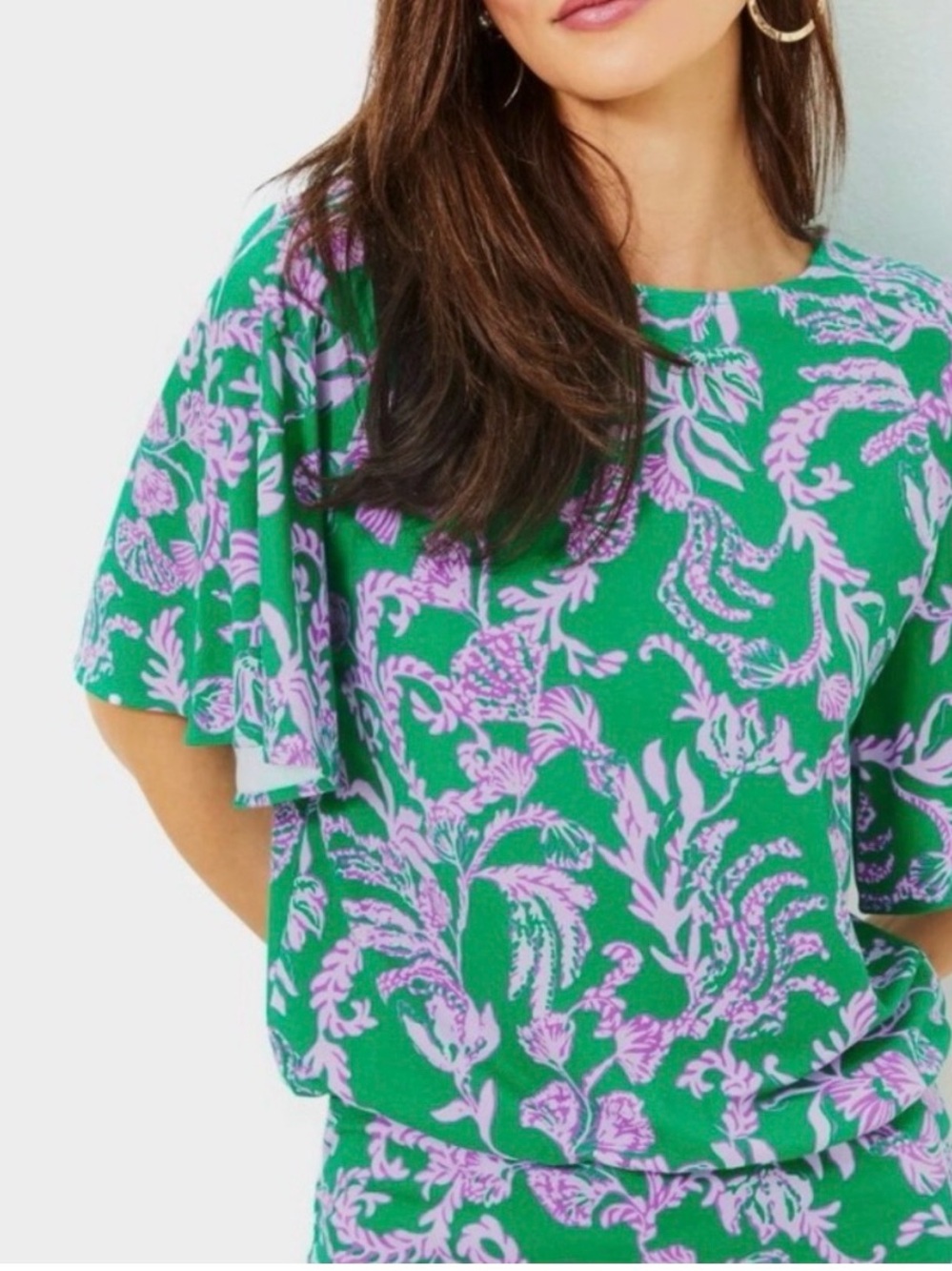 Lilly Pulitzer Green Top with Lavender Floral Print